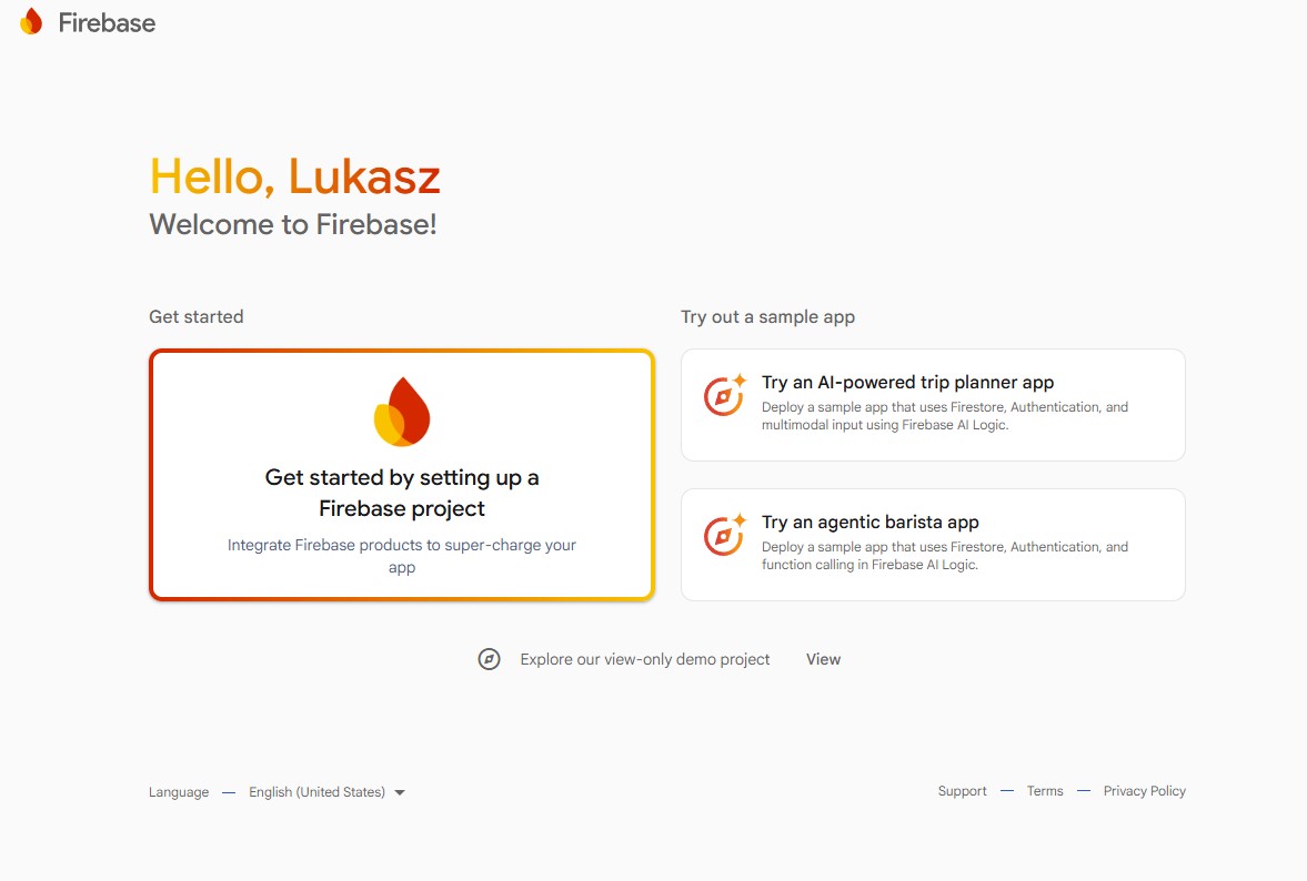 Strona startowa konsoli Firebase z kafelkiem Get started