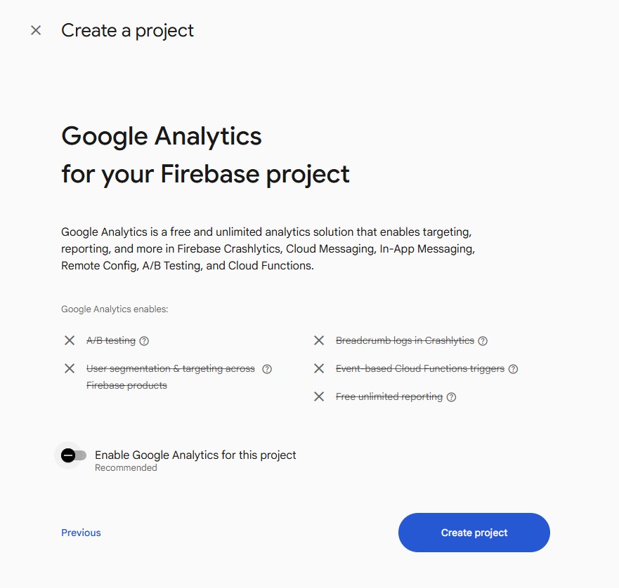 Ekran Google Analytics z wyłączonym przełącznikiem
