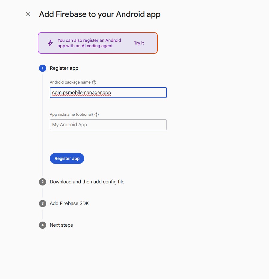 Formularz rejestracji aplikacji z nazwą pakietu