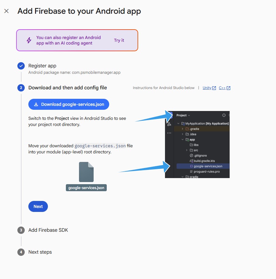 Przycisk Download google-services.json