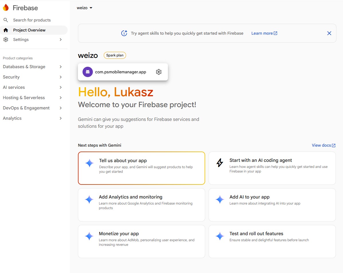 Strona projektu z menu Settings po lewej