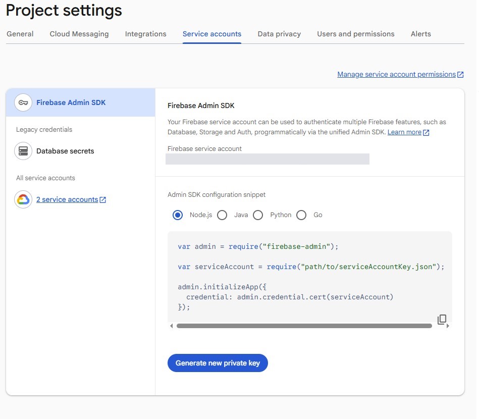 Zakładka Service accounts z przyciskiem Generate new private key